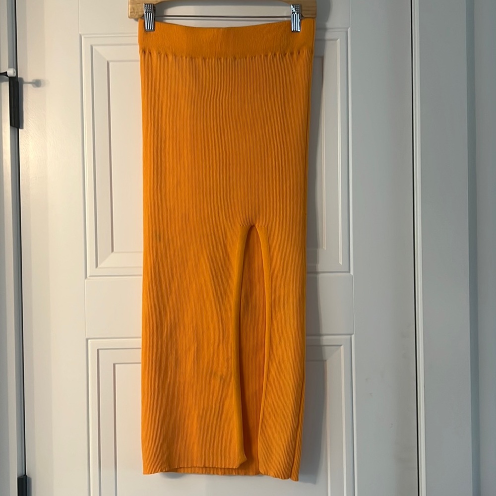 CIDER orange ribbed midi skirt with high slit